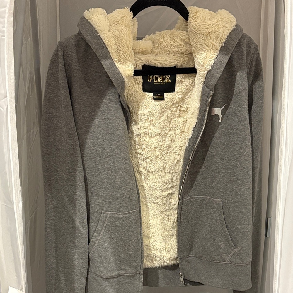 PINK Victoria's Secret Gray Teddy Jacket with Cream Lining and Sequin PINK back